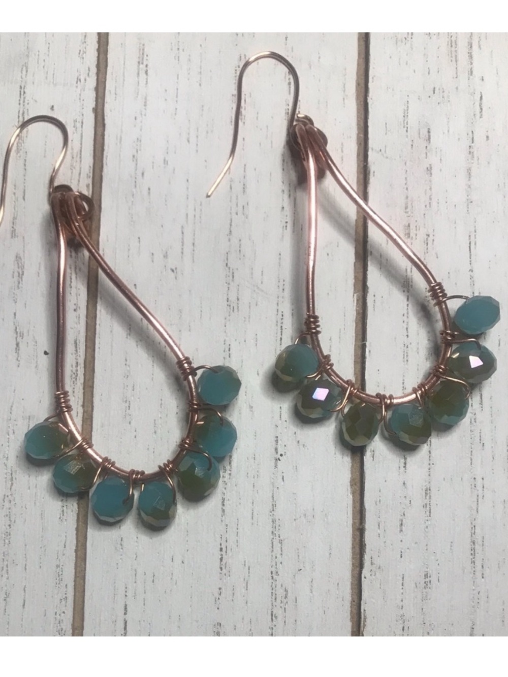 Teal Crystal Teardrop Wire Hoop Earrings